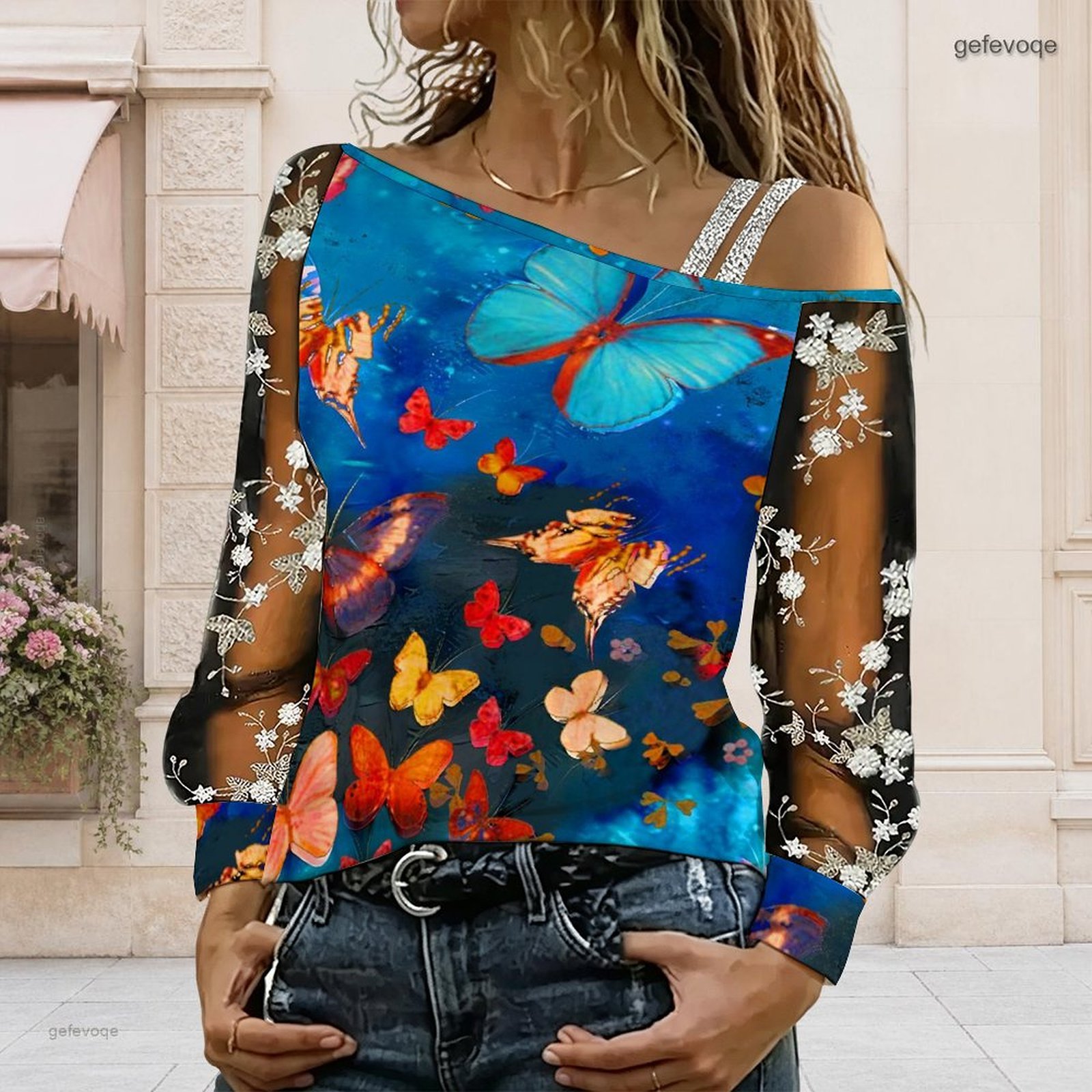 Blouse Off Shoulder - 女性用オフショルダーブラウス、アシンメトリーなワンショルダートップ、レース花柄メッシュ、長袖スリングディテール、ルーズカジュアルTシャツ