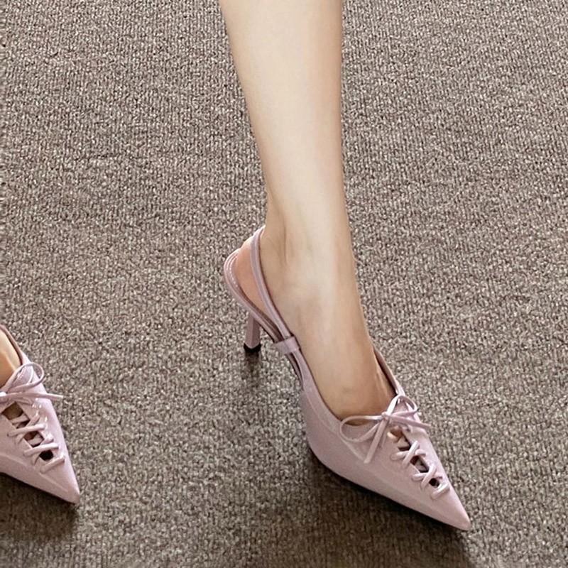 Sandal Strappy Heeled - ヨーロッパ風のポインテッドトゥ、スリムヒール、蝶結び、ストラップ付きハイヒール（女性用）、新作、フレンチシングルストラップ、オープントゥサンダル