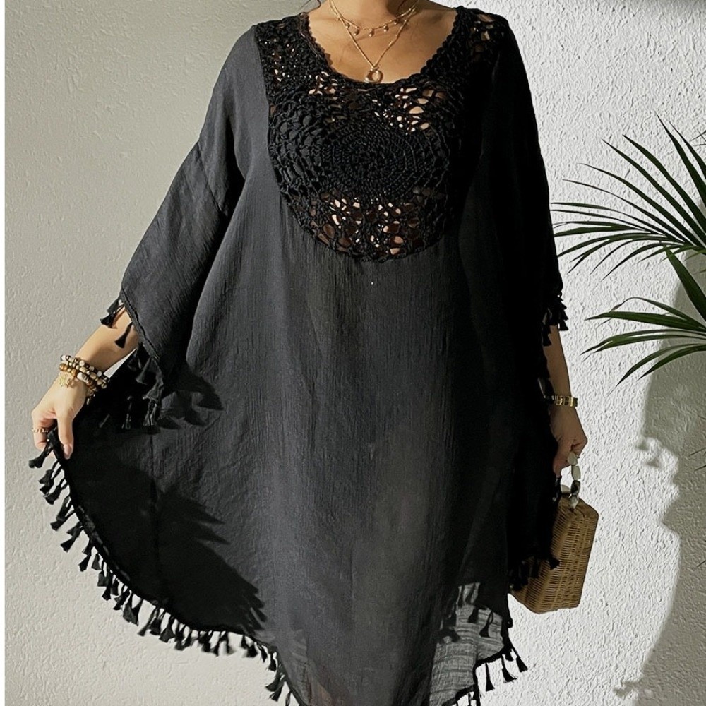 スクエアネックサマーサンスクリーンスモック中空アウトルーズ水 - Cover Up Kaftan のレビューと価格